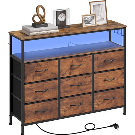 Commode 9 Tiroirs WOLTU, 110x30x83,5cm, Meuble de Rangement, avec Tiroirs en Tissu, Multiprise et Éclairage LED, Marron Rustique+Noir (1/5)