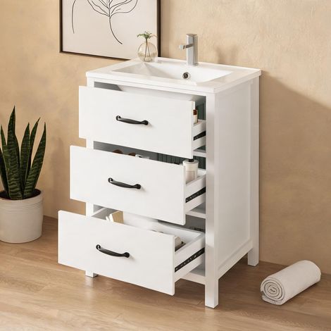 Vasque autoportante blanche en MDF et céramique 61 x 47 x 83 cm (1/5)