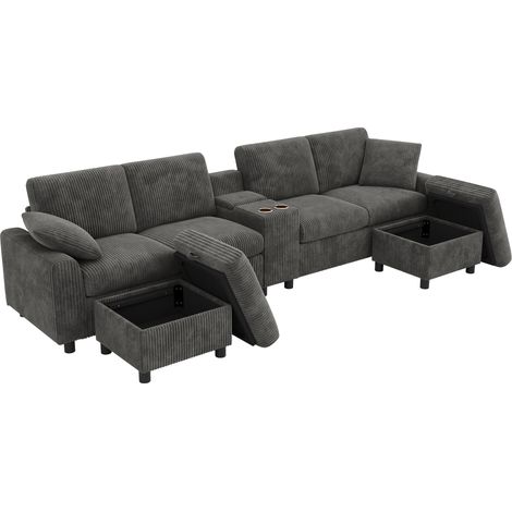 Canapé en velours côtelé en U, avec 2 poufs de rangement, table basse, 2 porte-gobelets, 1 port USB, 2 prises et 2 ports Type-C gris (B315×H81×T135cm) (1/5)