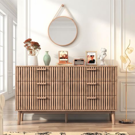 Buffet bois 6 tiroirs 100 cm – Meuble de Rangement, Poignées en Bois, Couleur Bois Naturel, pour Salon ou Chambre – Naturel (1/5)