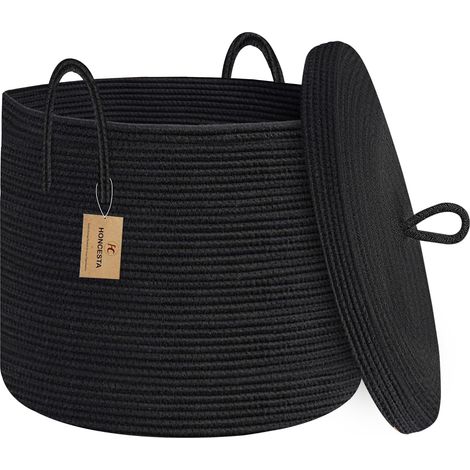 Grand panier noir de 45,7 x 35,6 cm avec couvercle, panier de rangement en corde de coton pour couverture, jouet, oreiller, serviette, salon, chambre à coucher, panier en osier tissé avec (1/5)