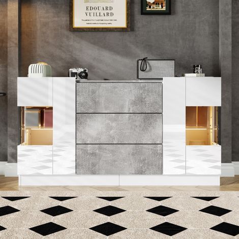 Credenza 140 x 35 x 75 cm - 2 ante e 3 cassetti - Illuminazione a LED a 16 colori - Bianco lucido ed effetto marmo grigio (1/5)