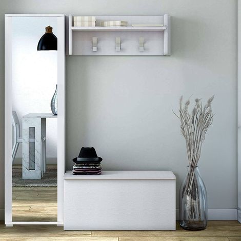 Dmora - Eingangsmöbel Mirtilla, Moderner Eingang mit Kleiderbügel, Möbel mit Schuhregal, Schrank mit Spiegel, Cm 50x32h182, Weiß, mit verstärkter Verpackung (1/5)