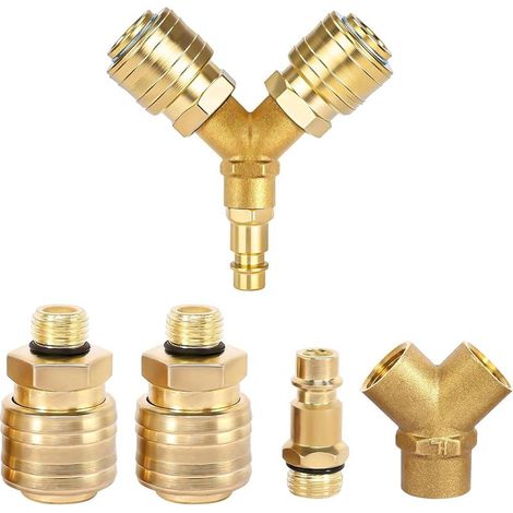 Distributore di aria compressa a 4 pezzi - Raccordo a connessione rapida a 3 vie - Divisione del circuito pneumatico - Acciaio temprato ramato - Placcato oro - 1/4 di pollice (1/5)