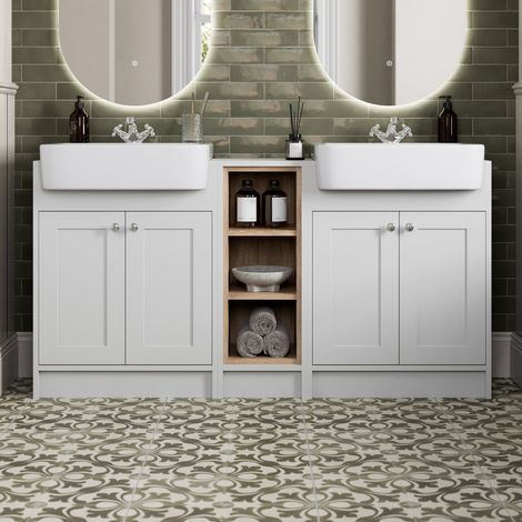 1540mm Bathroom Double Vanity Unit Semi-Recessed Basin Shelf Storage, Traditional, Chrome Handles, White (1/5)