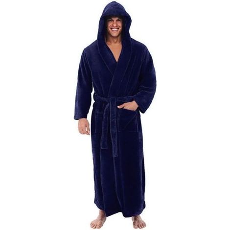 Men's winter bathrobe, plush shawl, loungewear, long-sleeved robe, coat, men's robe, blue, XXL