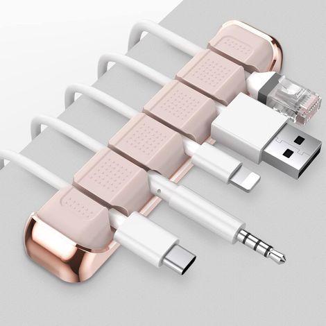 Desk Organizer Cable Clips, 5 Slots Cable Holder Metal Frame Cable Management, Cable Storage for USB Charger Cables/Cord/Home and Car Office (Pink) Storage Clip for Organizing USB Cable/Power Cord/Wi (1/5)