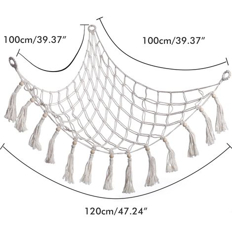 1 filet de rangement mural triangulaire en tapisserie tissée à la main, blanc, 100 x 100 x 120 cm, idéal pour ranger les hamacs et jouets d'enfants. (1/5)