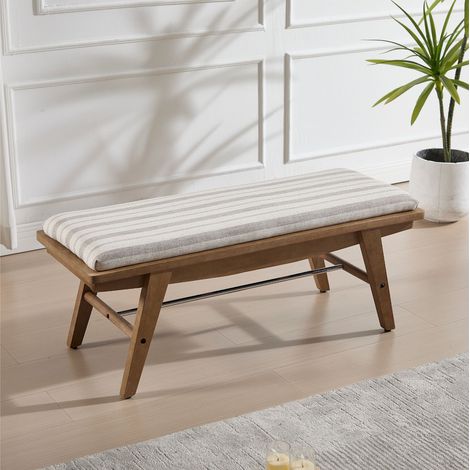 Wahson Stripe Prints Ottoman Bench – Linen Upholstered Wooden Stool, Retro Rustic Accent for Entryway, Bedroom & Living Room (1/5)