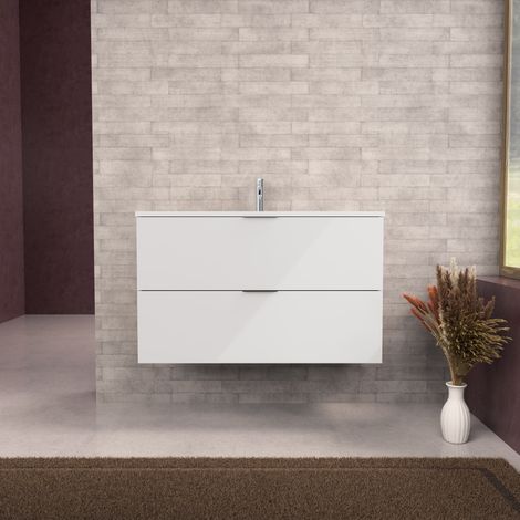 Inda - Badezimmerschrank B.100 mit matt/glänzend weißem Waschbecken, 2 Schubladen - Topazio
