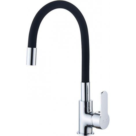 Grifo de cocina flexible con caño giratorio alto, grifo mezclador flexible para fregadero, grifo negro para fregadero de agua fría y caliente (1/5)