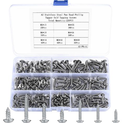 220 Pièces Vis Autotaraudeuses, Vis à Bois à Tête Plate Croisée avec Rondelles, Vis Autoperceuses Acier Inox pour Réparations, Bois - M3/M4/M5 (1/5)
