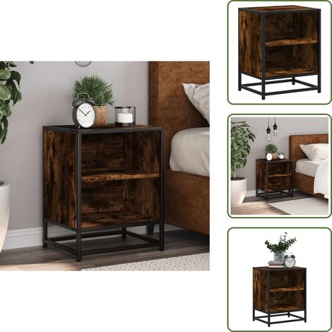 The Living Store Mesita noche madera ingeniería roble ahumado 40x31x50cm metal - Madera de ingeniería