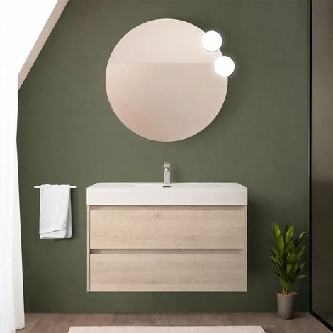 Mobile bagno sospeso 90 cm rovere bali con due cassetti e lavabo in resina Gaya (1/5)