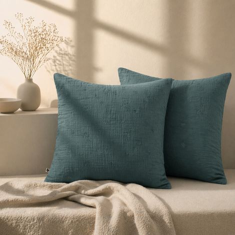 Lot de 2 Taies d’Oreiller 60 x 60 cm – Gaze de Coton Brodée – GAÏA BOHO Bleu canard (1/4)