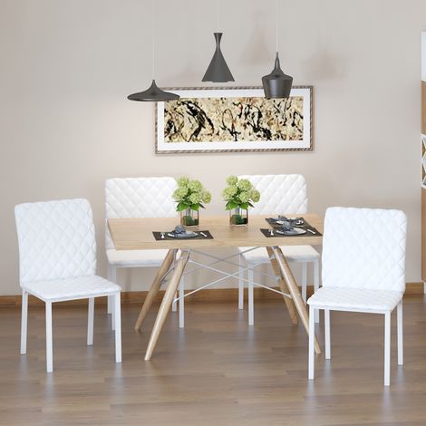 Pack de 4 Sillas de Comedor, Sillas de Cocinas Modernas, Respaldo Alto con Costuras Decorativas de Diamantes, Tapizadas en Cuero Sintético, Patas de Acero, Blanco (1/5)
