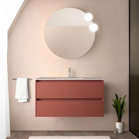 Mobile bagno sospeso 90 cm rosso satinato con specchio e lavabo Gaya (1/5)
