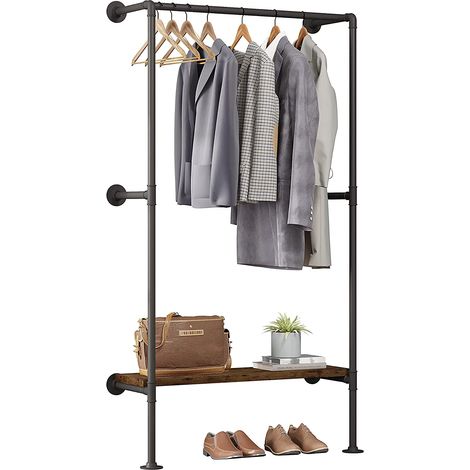 Woltu – Portant à vêtements mural en tube d’acier noir et marron rustique – Étagère en MDF résistante aux rayures – Capacité 100 kg – Dimensions 103x30x183.5 cm (1/5)
