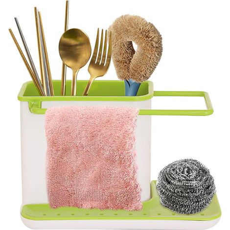 Porte Eponge Evier Cuisine, Rangement Évier Cuisine Support Brosse Éponge Organisateur, Égouttoir à Vaisselle avec Porte-serviettes (Vert) (1/5)