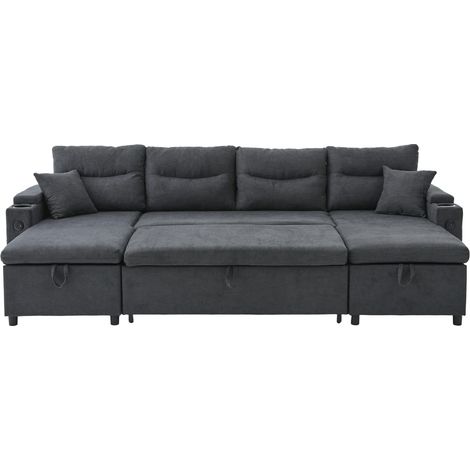 Divano letto 4 posti in tessuto grigio scuro con doppia chaise longue e USB MODENUIT (1/5)