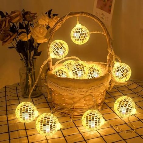 10 Guirlande Lumineuse Boule Disco LED, 150 cm Guirlande Fée Boule Disco Miroir avec Décorations à Piles pour Fournitures Fête Disco Années 70 80, Mode Lumière Constante Blanc Chaud (1/5)