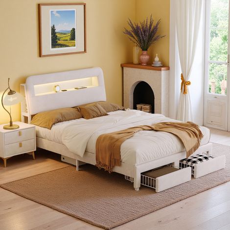 Bettgestell 160 x 200 cm – 2 Schubladen – USB und LED – Beiger Samt – Jugendbett 160 x 200 cm (1/5)