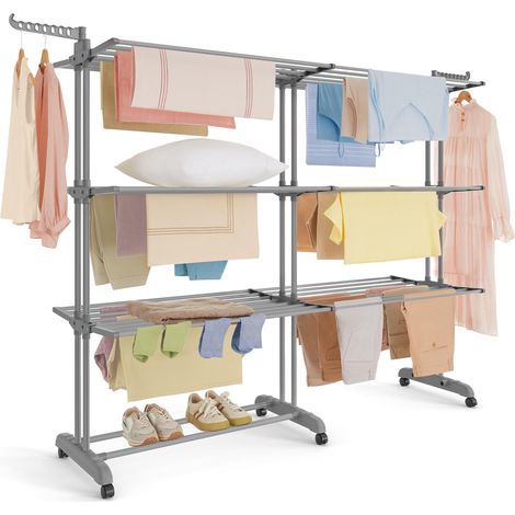 Étendoir à Linge, Séchoir Mobile à 4 Niveaux, avec roulettes, Pliable, 63,5 x (131-200) x 177,5 cm, Grande Capacité, Utilisation Intérieure et Extérieure, Gris Tourterelle LLR704G01 (1/5)