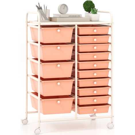 Chariot de Rangement 15 Tiroirs en PP, Tour de Rangement à Roulette, Cadre en Métal, pour École, Bureau, 63x37x87cm, Orange (1/5)