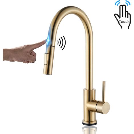 Touch Sensor Kitchen Tap Brushed Gold, Touch On Kitchen Mixer Tap with Pull Out Sprayer, 360° Swivel Tap for Kitchen Sink, Kitchen Sink Tap Pull Out Kitchen Sink Mixer Tap, Stainless Steel