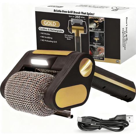 Elektrische Grillbürste, 4000 mAh Akku, LED-Licht, 350 U/min Edelstahl-Elektrowalze, wiederaufladbar, für Küche und Garten, Schwarz
