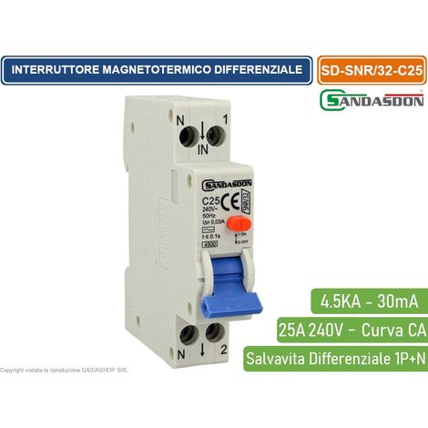 SANDASDON INTERRUTTORE MAGNETOTERMICO DIFFERENZIALE SALVAVITA PER BARRA DIN 1 MODULI 1P+N 25A C25 240V 30mA 4.5KA (1/2)