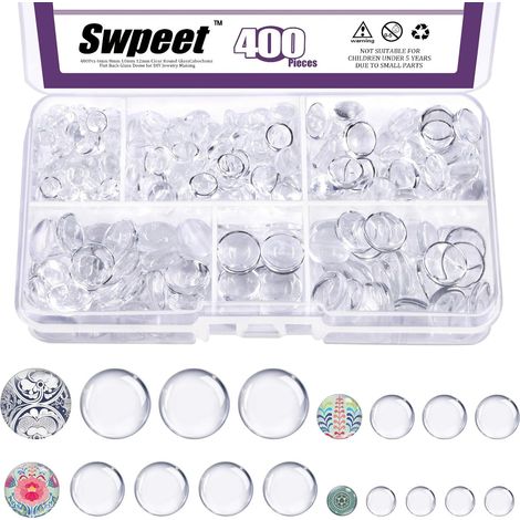 400pcs, 4 sizes, 6mm / 8mm / 10mm / 12mm clear glass dome round cabochon tiles combo kit, round transparent cabochon brick for necklace pendant photo DIY craft making (1/5)