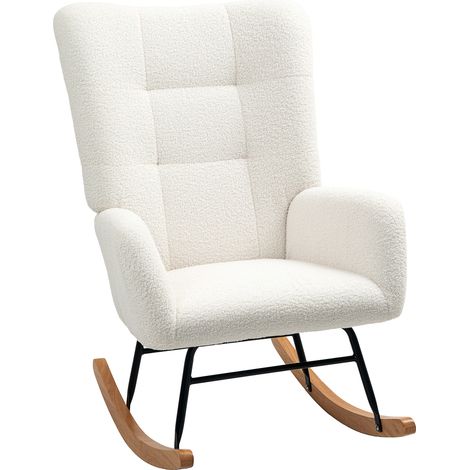 Fauteuil à bascule style nordique bois hévéa effet laine bouclée (1/4)