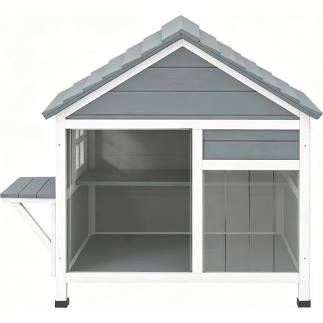 Maison pour chat d'extérieur en bois avec toit, fenêtre et plateforme, grise (1/5)