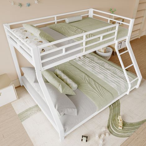 Letto per Bambini 90x200/140x200 cm, Letto a Castello in Legno con Scale di Sicurezza, Rete a Doghe, Bianco (Senza Materasso)