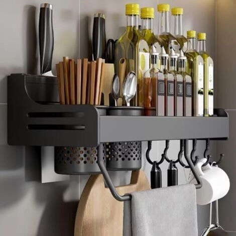 Porte-épices mural – Support pour ustensiles de cuisine, noir, 40 cm