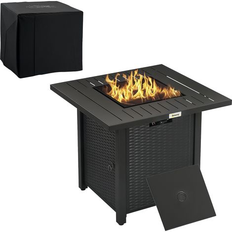 Outsunny Rattan-style Propane Gas Fire Pit Table with 40,000 BTU Burner, Square Smokeless Firepit Patio Heater with Thermocouple, Lava Rocks, Waterproof Cover, Spark Guard and Lid, Black