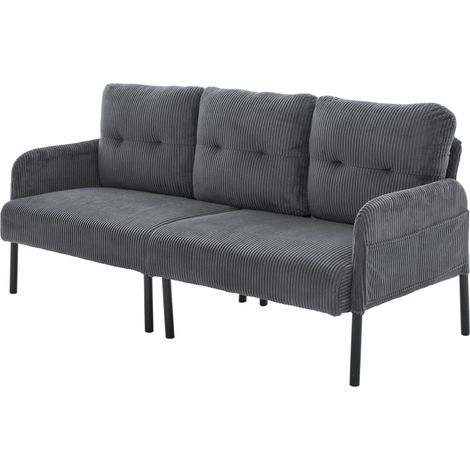Sofá de 3 plazas de pana gris con respaldo alto, bolsillos laterales y patas metálicas (1/5)