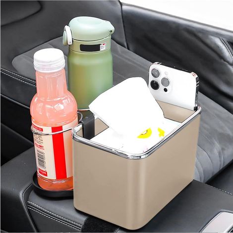 Vano portaoggetti per bracciolo auto con portabicchieri pieghevoli, contenitore multifunzionale per console auto, organizer universale per auto per fazzoletti e bicchieri (beige)