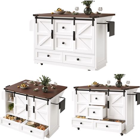 Multifunktionaler Küchenwagen mit Klapptisch Mobile Kücheninsel, Bar, Sideboard mit Stauraum Servierwagen Rollbar mit drei Schubladen und zwei Schranktüren