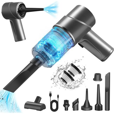 Aspiradora inalámbrica para coche, mini aspiradora de mano, aspiradora de mano inalámbrica ligera 3 en 1, soplador y bomba de vacío con 2 filtros HEPA para coche, oficina y hogar, 7000 Pa, gris (1/5)