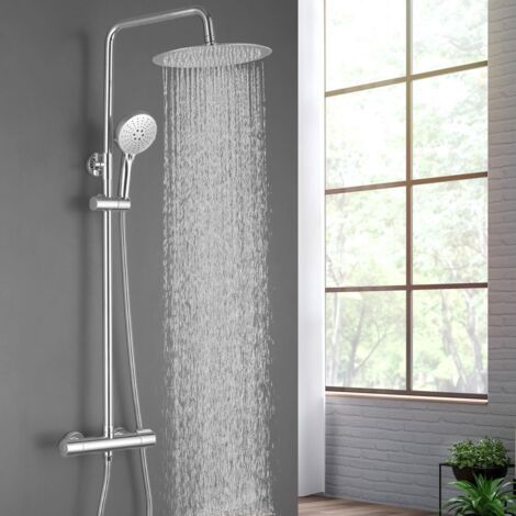Système de Douche Thermostatique, Ensemble de Douche Économie d'Eau avec Mitigeur, Colonne de Douche Hauteur Réglable, Tête de Douche Ronde 30 cm, Douchette 3 Jets, Acier Inoxydable, Chromé (1/5)
