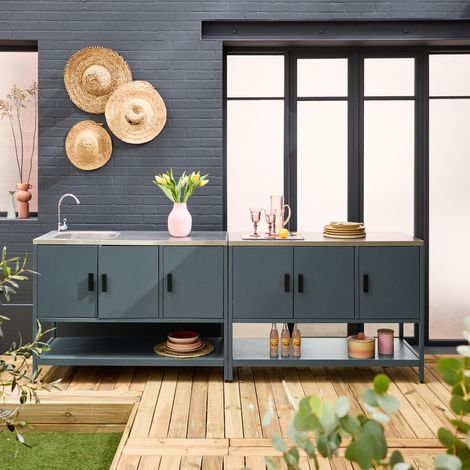 Cuisine extérieure 2 modules en acier inoxydable bleu gris (1/5)