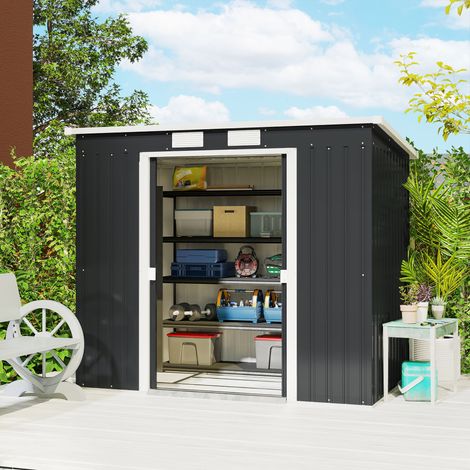 Gris chimi - Abri de rangement extérieur pour outils métalliques en jardin avec kit de fondation, bouches d’aération et toit en pente