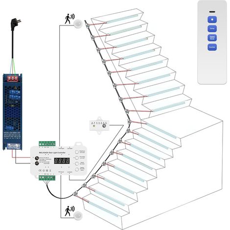 Éclairage intelligent pour escalier intérieur, 16 marches, LED COB 6000K blanc froid, éclairage progressif, système modulaire sécurisé avec télécommande (1/5)