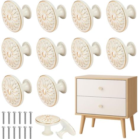 Lot de 12 boutons de placard vintage avec vis, 30 mm, motif floral, boutons ronds pour meubles, anciens, pour tiroirs, armoires, placards, commodes, couleur ivoire blanc (1/5)