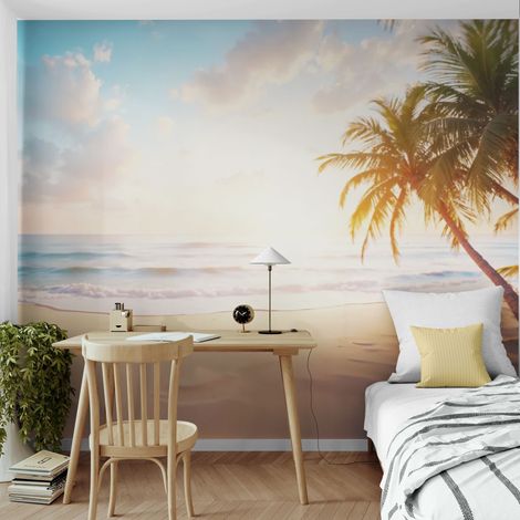 Papier Peint Plage - Aube Sable Blanc & Cocotiers - 150 x 250 cm (1/2)