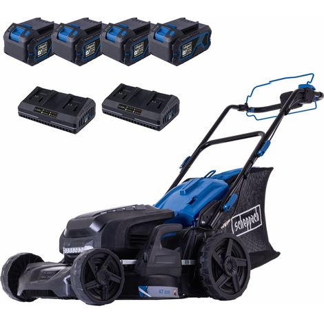Scheppach Tondeuse à gazon sans fil BC-MP470-X – Set XL2x2 - largeur de coupe 47 cm - superficie 700m² - hauteur de coupe 26-80 mm - bac 75L - 4 batteries 4Ah + 2 chargeurs