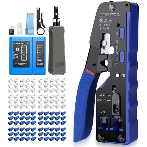 RJ45 Crimping Tool Kit for Ethernet Network, with 60 RJ45/Cat5/Cat6/Cat6a/Cat7, 60 Protective Covers, Home Network DIY Blue (1/5)