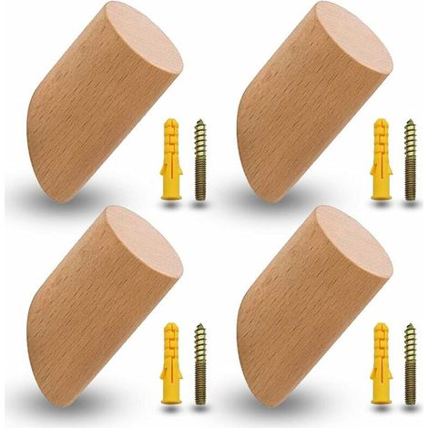 Set mit 4 Kleiderhaken aus Buchenholz, Wandhaken aus Holz mit 4 Schrauben und Dübeln für Büro, Küche, Haushalt, Kleidung (6 cm)